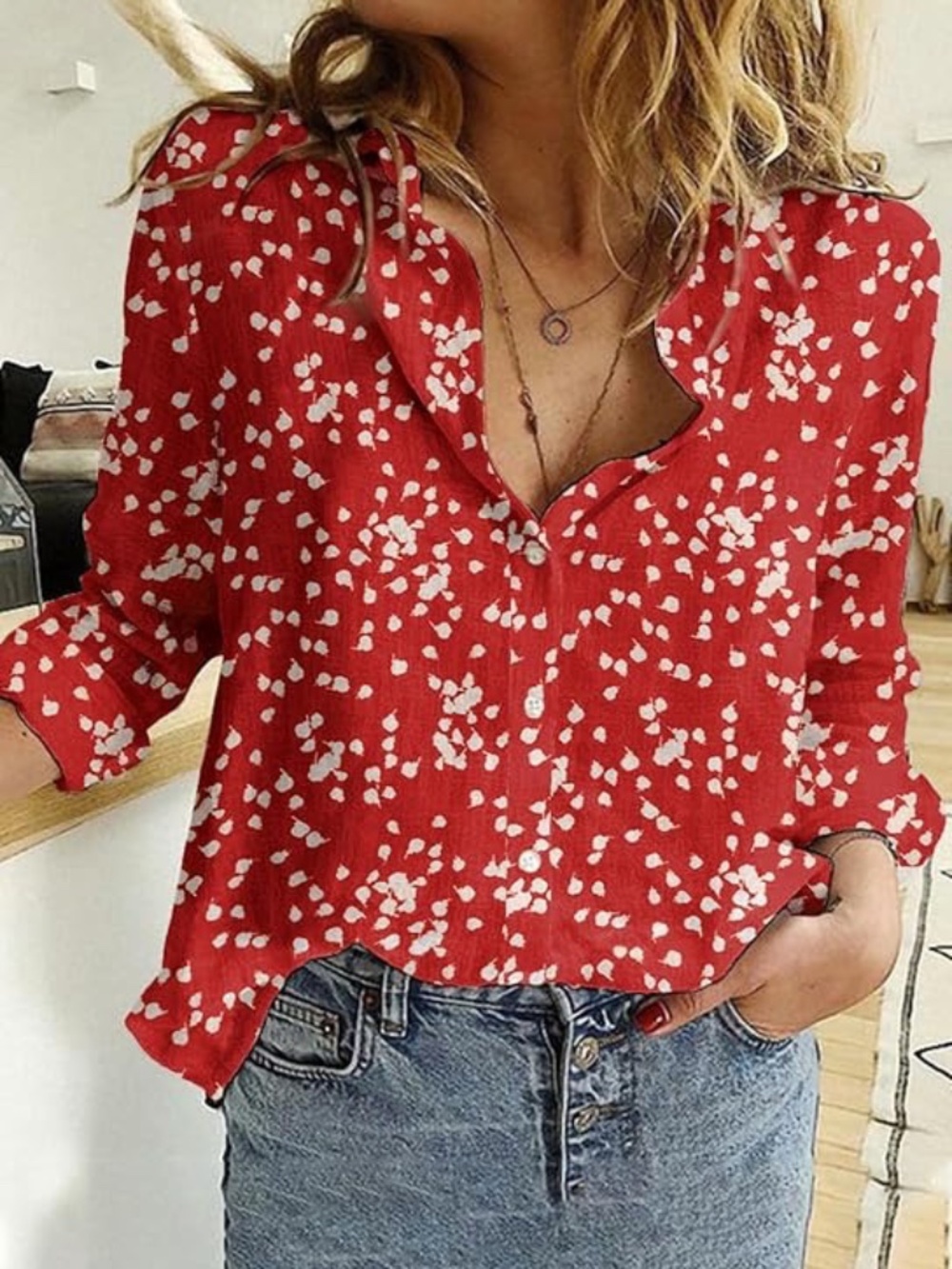 Dokotoo V-Neck Alicia Floral Print Roll Up Long Sleeve Chiffon Top